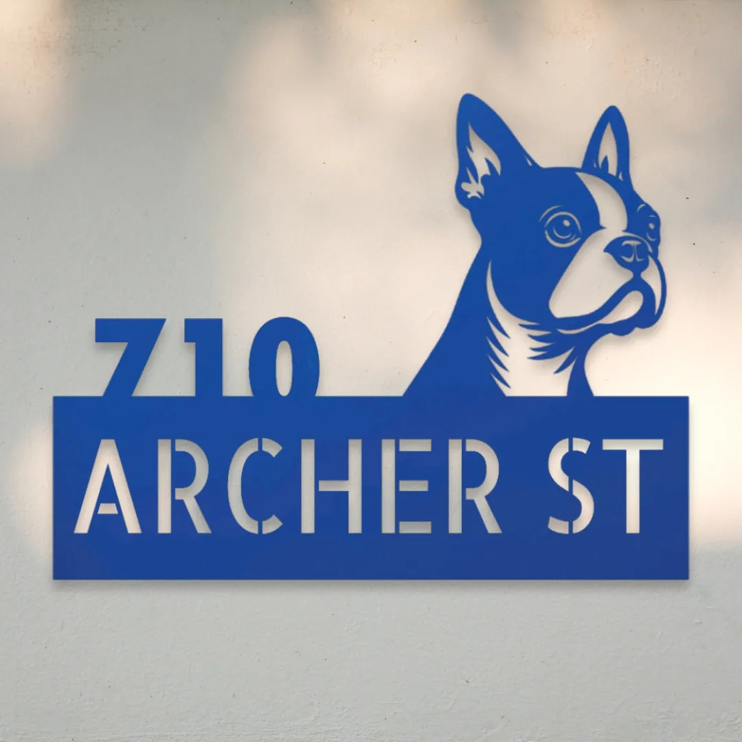 Boston Terrier Personalized Metal House Number Sign Silhouette in Blue - Custom Dog Wall Art