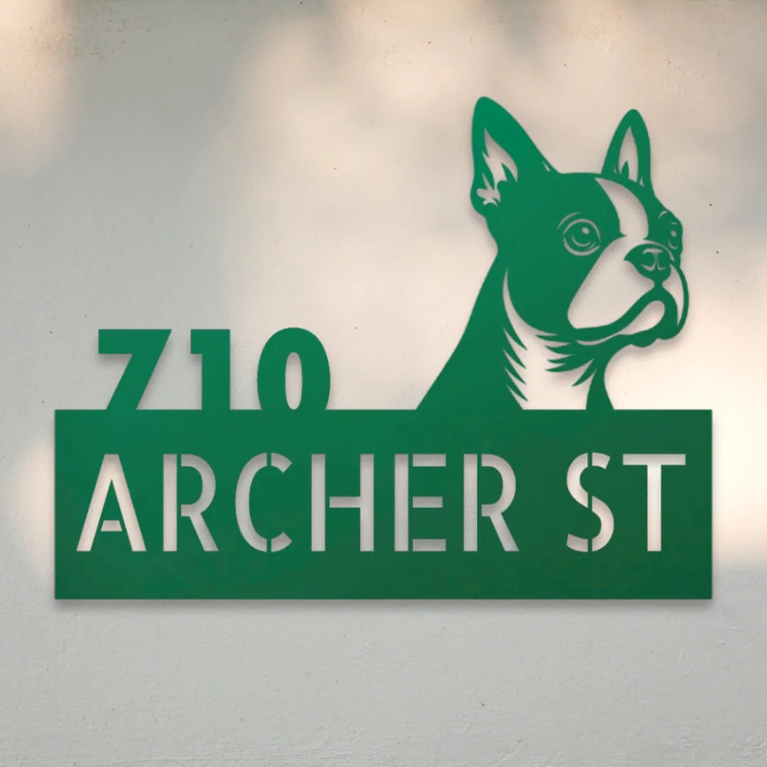 Boston Terrier Personalized Metal House Number Sign Silhouette in Green - Custom Dog Wall Art