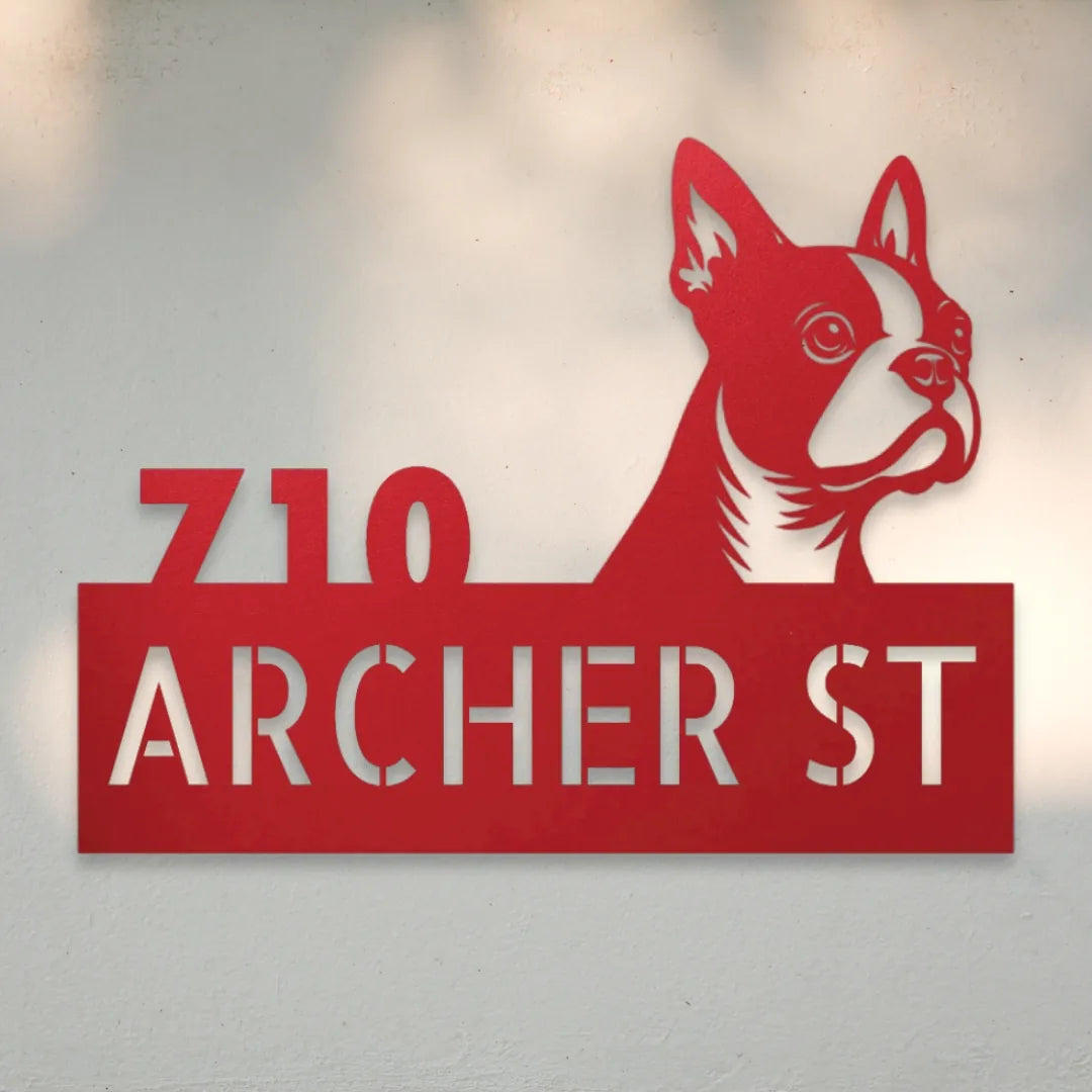 Boston Terrier Personalized Metal House Number Sign Silhouette in Red - Custom Dog Wall Art