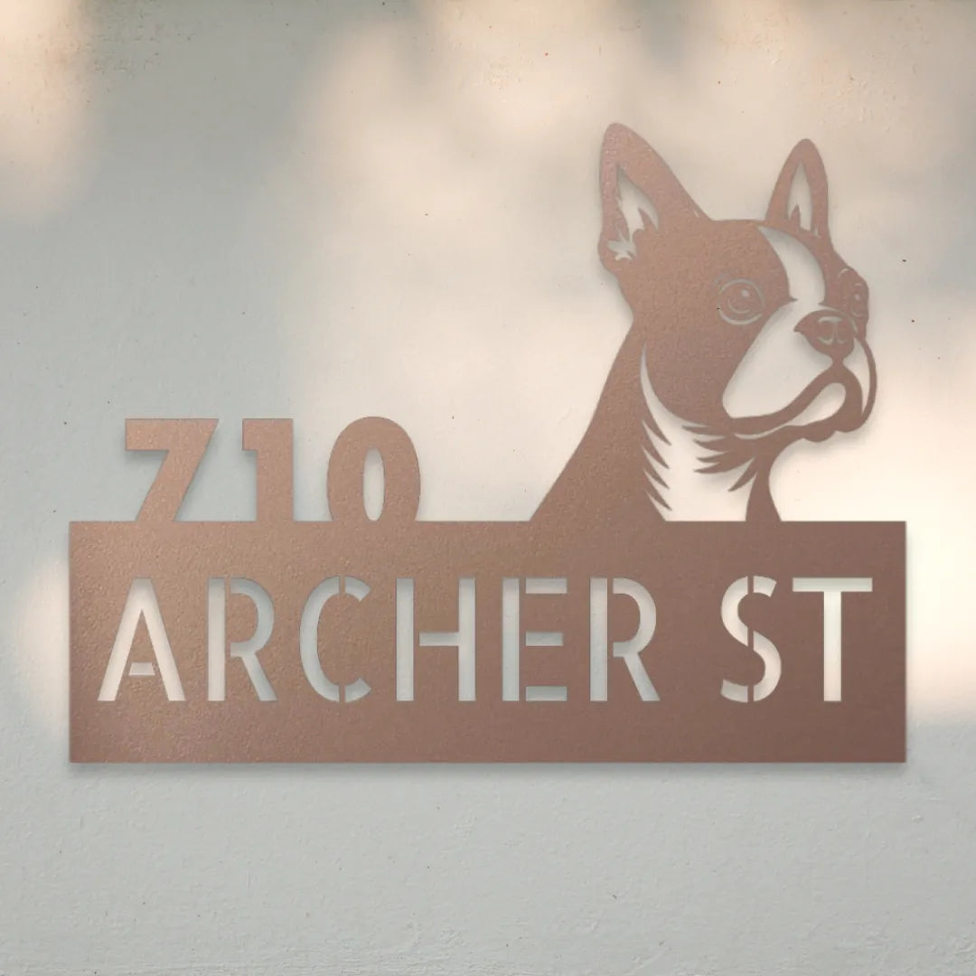 Boston Terrier Personalized Metal House Number Sign Silhouette in Rose - Custom Dog Wall Art