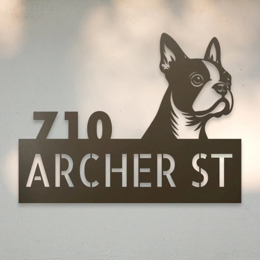 Boston Terrier Personalized Metal House Number Sign Silhouette in Stone - Custom Dog Wall Art