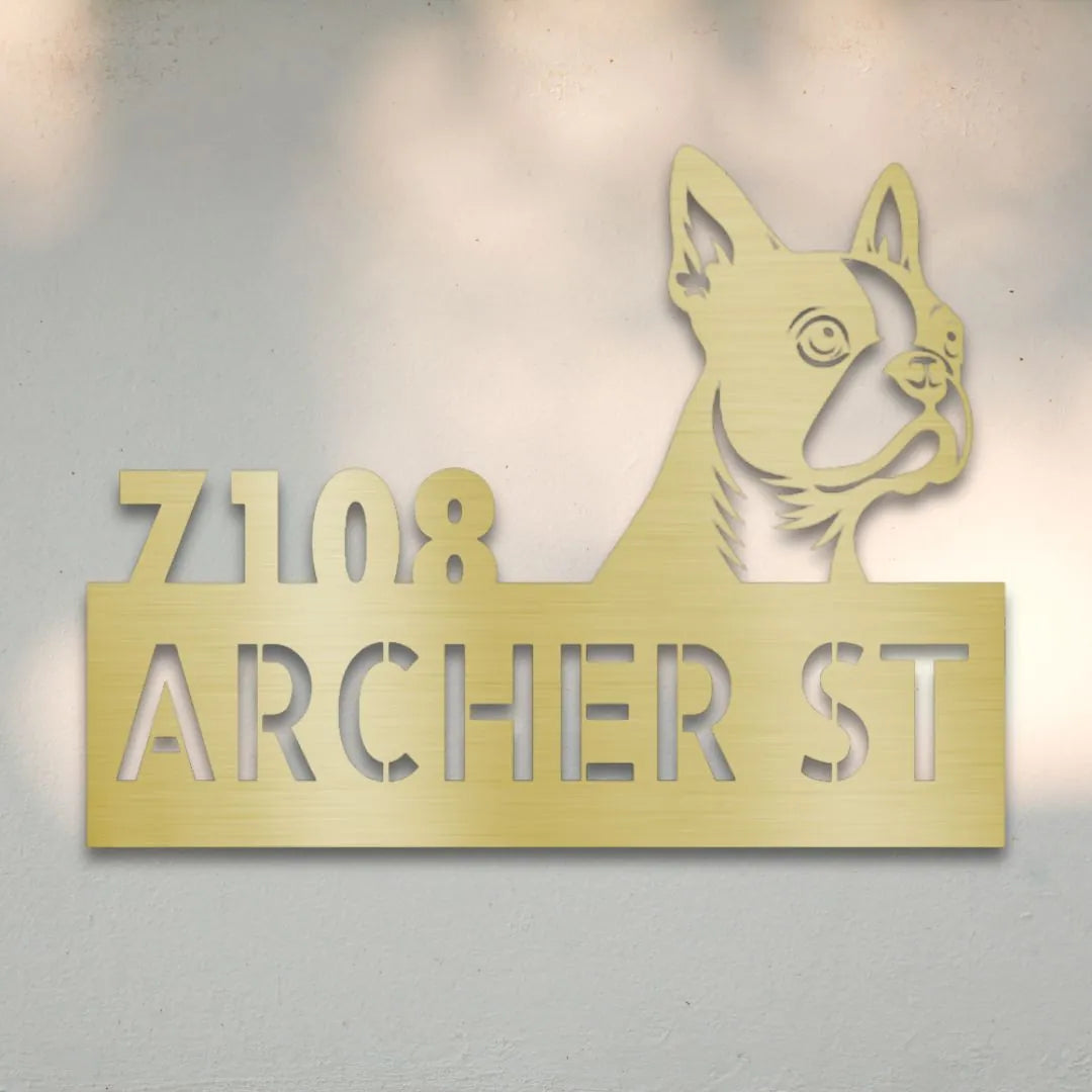 Boston Terrier Personalized Metal House Number Sign Silhouette in Gold - Custom Dog Wall Art