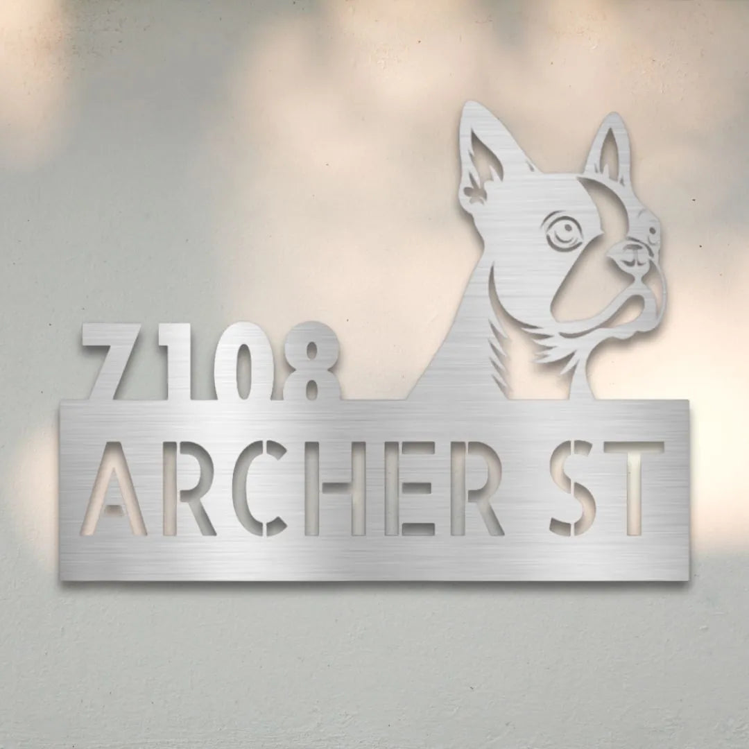 Boston Terrier Personalized Metal House Number Sign Silhouette in Silver - Custom Dog Wall Art