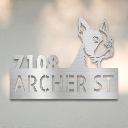Boston Terrier Personalized Metal House Number Sign Silhouette in Silver - Custom Dog Wall Art
