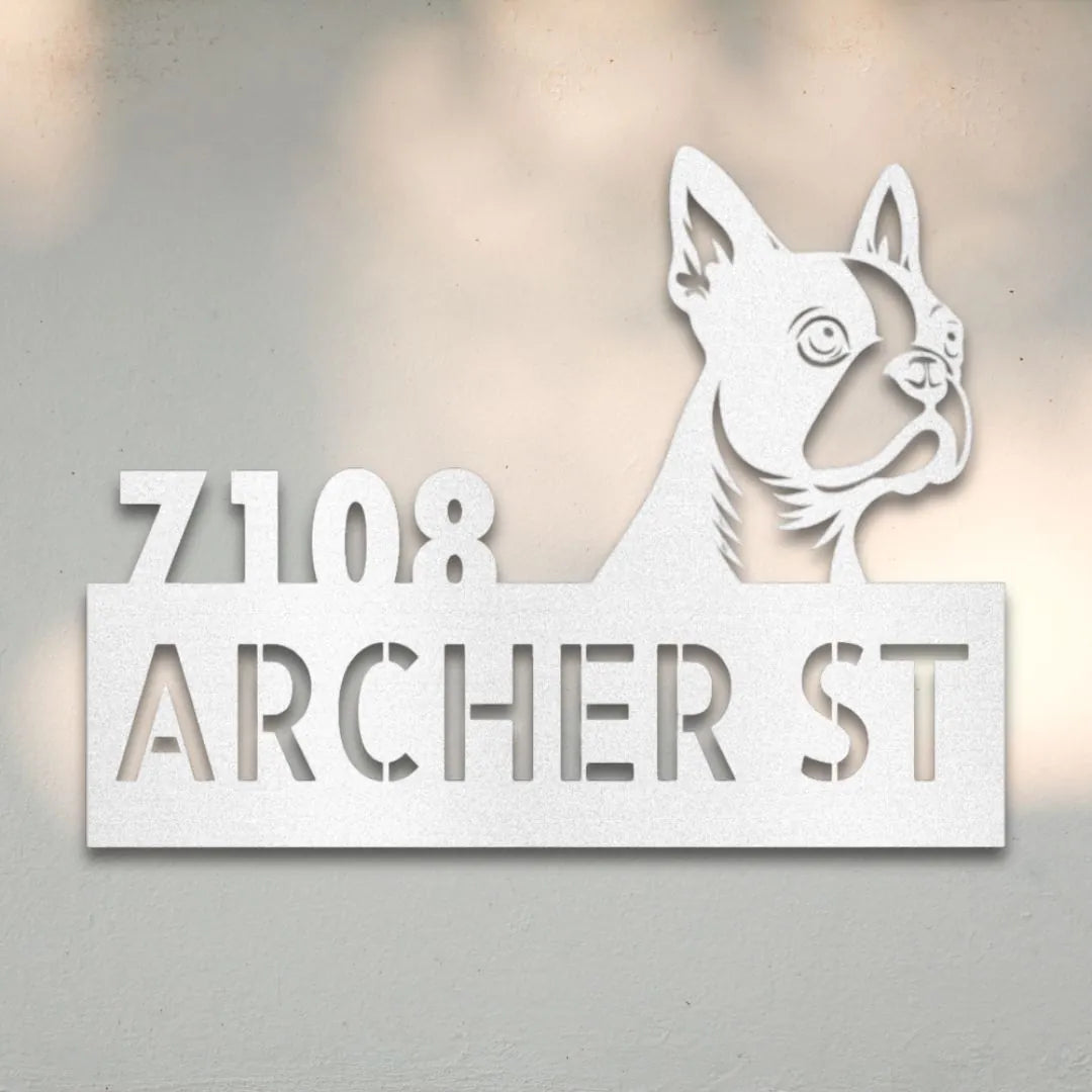 Boston Terrier Personalized Metal House Number Sign Silhouette in White - Custom Dog Wall Art
