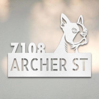 Boston Terrier Personalized Metal House Number Sign Silhouette in White - Custom Dog Wall Art