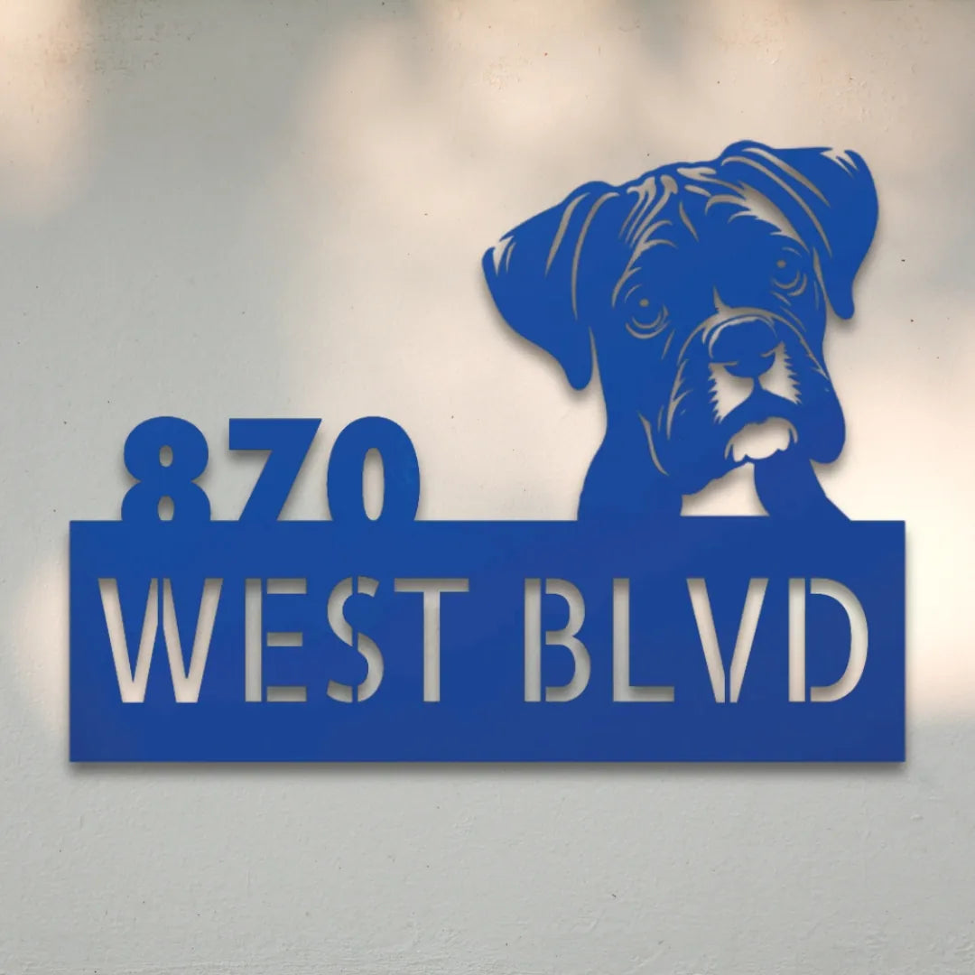 Boxer Personalized Metal House Number Sign Silhouette in Blue - Custom Dog Wall Art