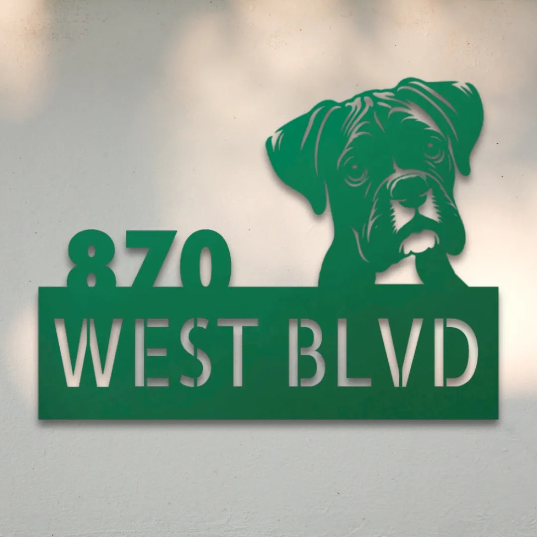 Boxer Personalized Metal House Number Sign Silhouette in Green - Custom Dog Wall Art