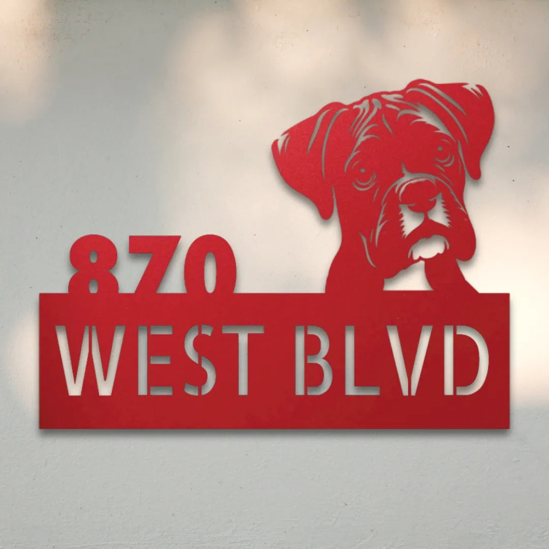 Boxer Personalized Metal House Number Sign Silhouette in Red - Custom Dog Wall Art