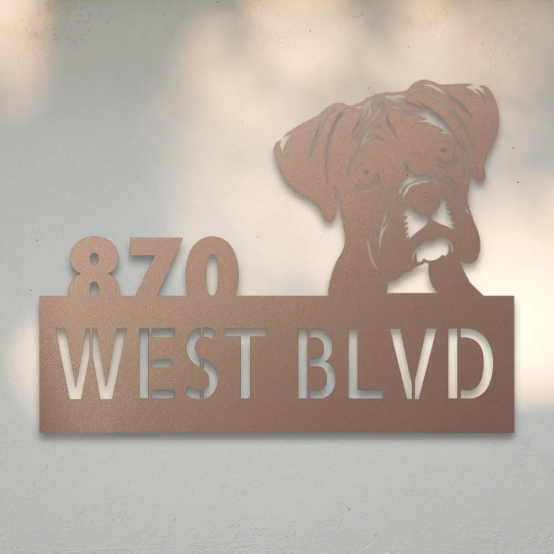 Boxer Personalized Metal House Number Sign Silhouette in Rose - Custom Dog Wall Art