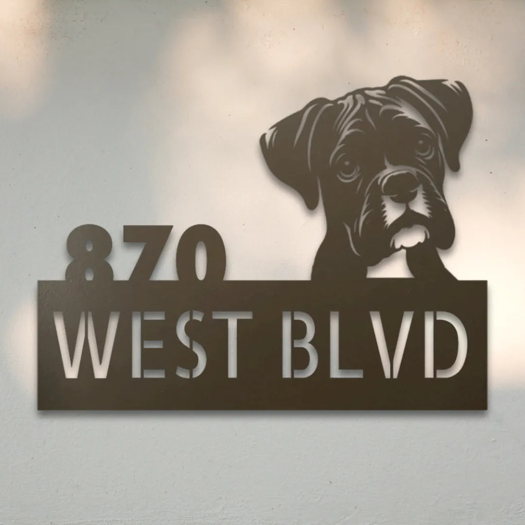 Boxer Personalized Metal House Number Sign Silhouette in Stone - Custom Dog Wall Art