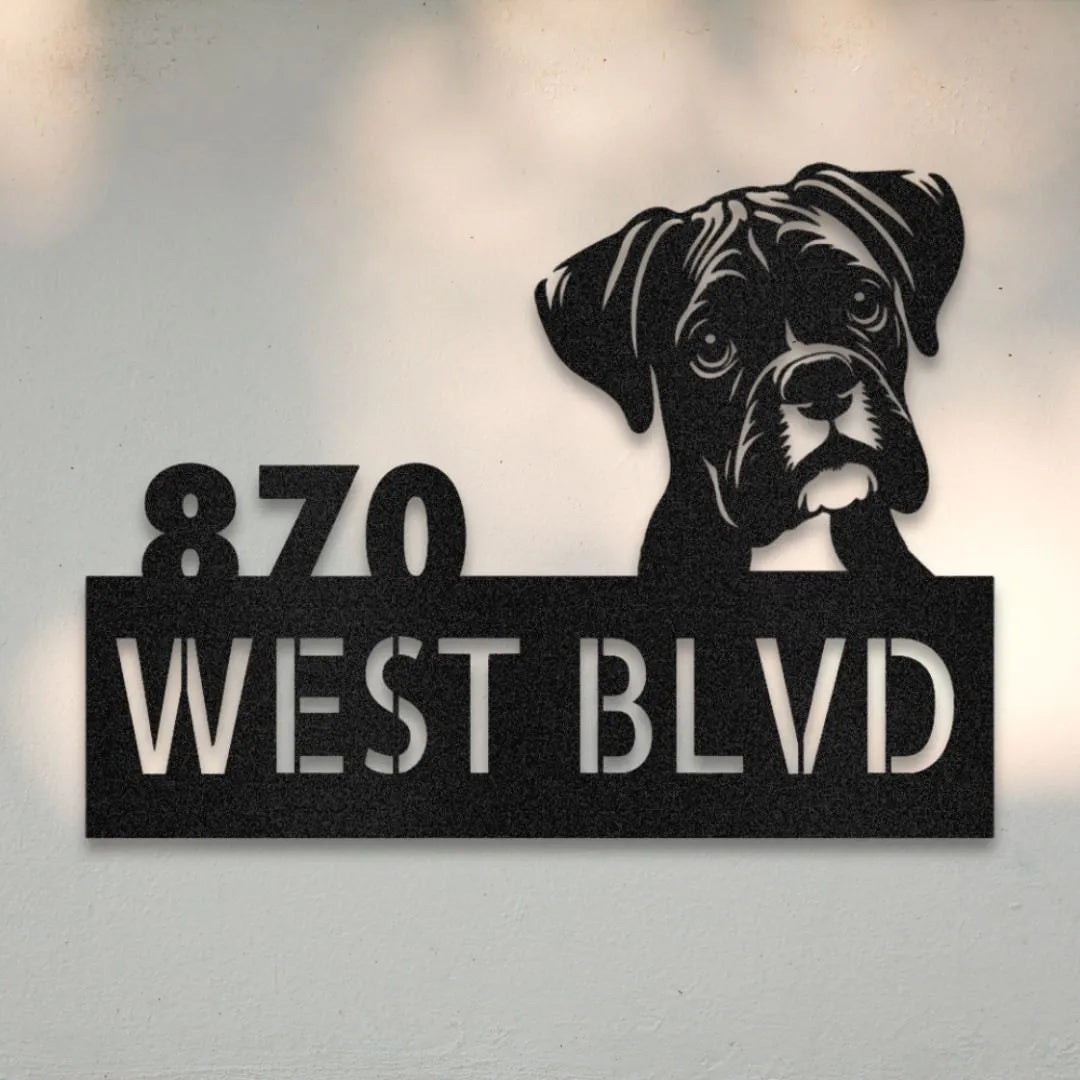 Boxer Personalized Metal House Number Sign Silhouette in Black - Custom Dog Wall Art