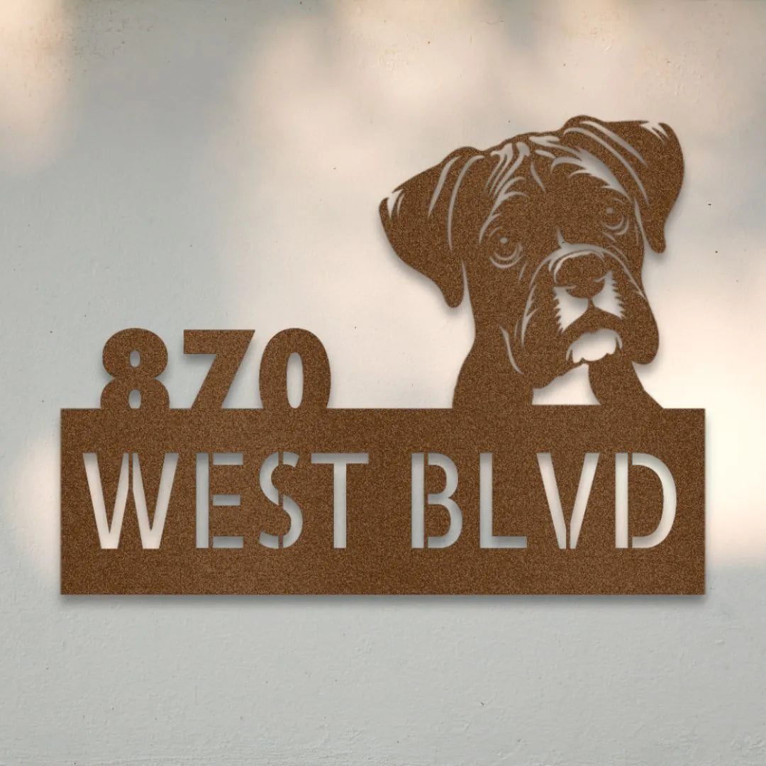 Boxer Personalized Metal House Number Sign Silhouette in Copper - Custom Dog Wall Art