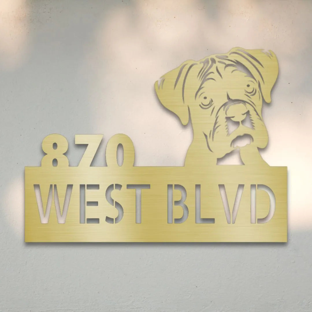 Boxer Personalized Metal House Number Sign Silhouette in Gold - Custom Dog Wall Art