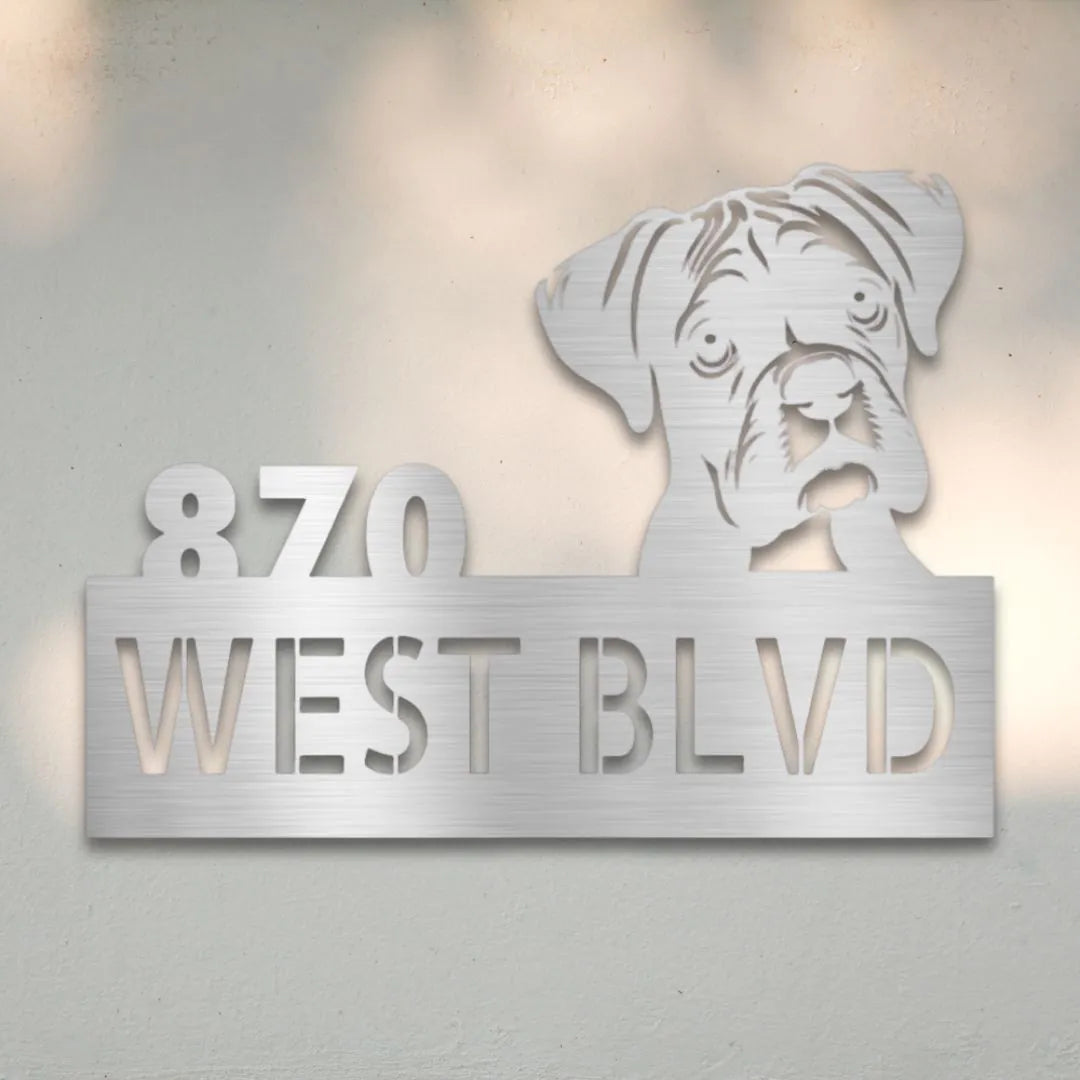 Boxer Personalized Metal House Number Sign Silhouette in Silver - Custom Dog Wall Art