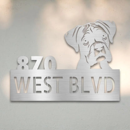 Boxer Personalized Metal House Number Sign Silhouette in Silver - Custom Dog Wall Art