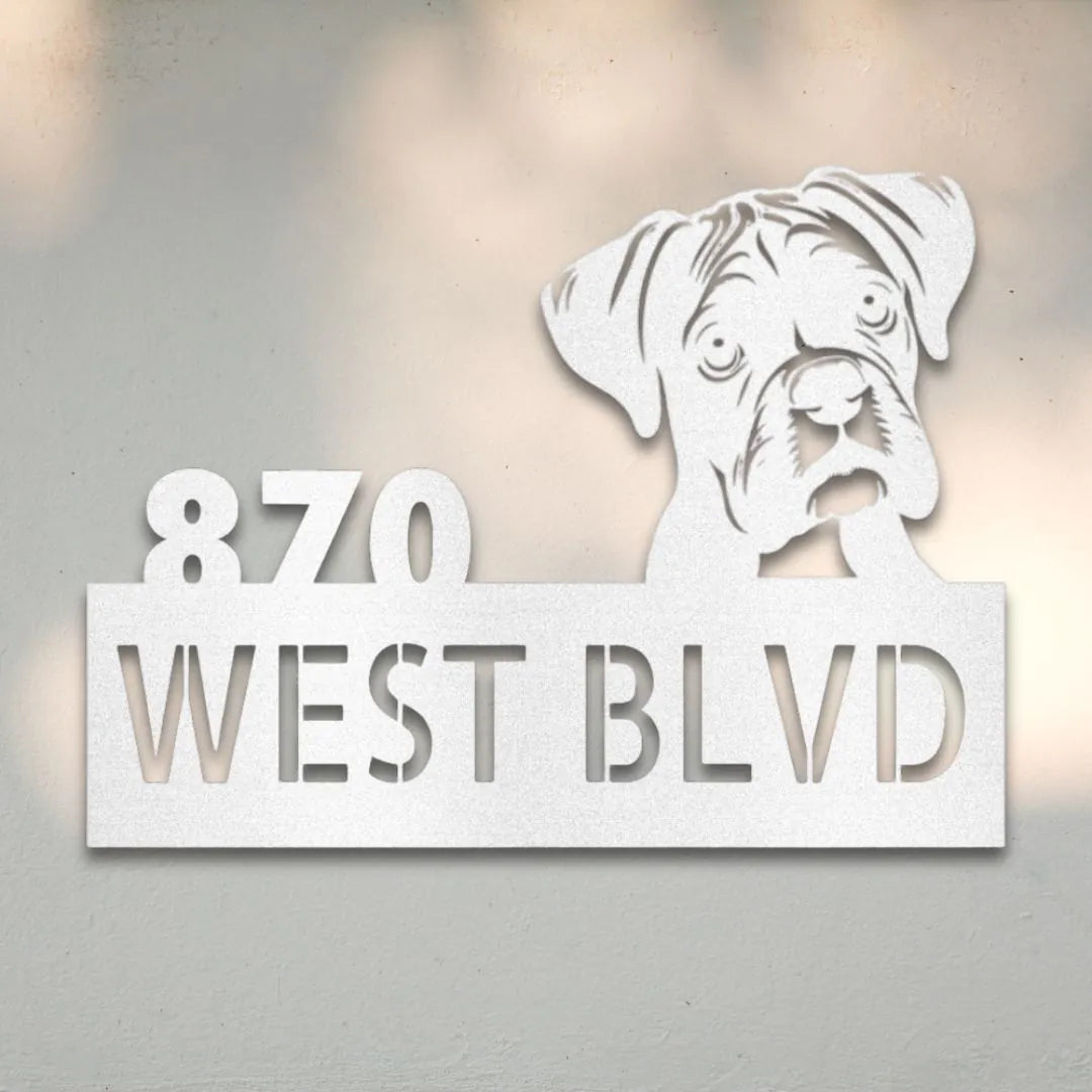 Boxer Personalized Metal House Number Sign Silhouette in White - Custom Dog Wall Art