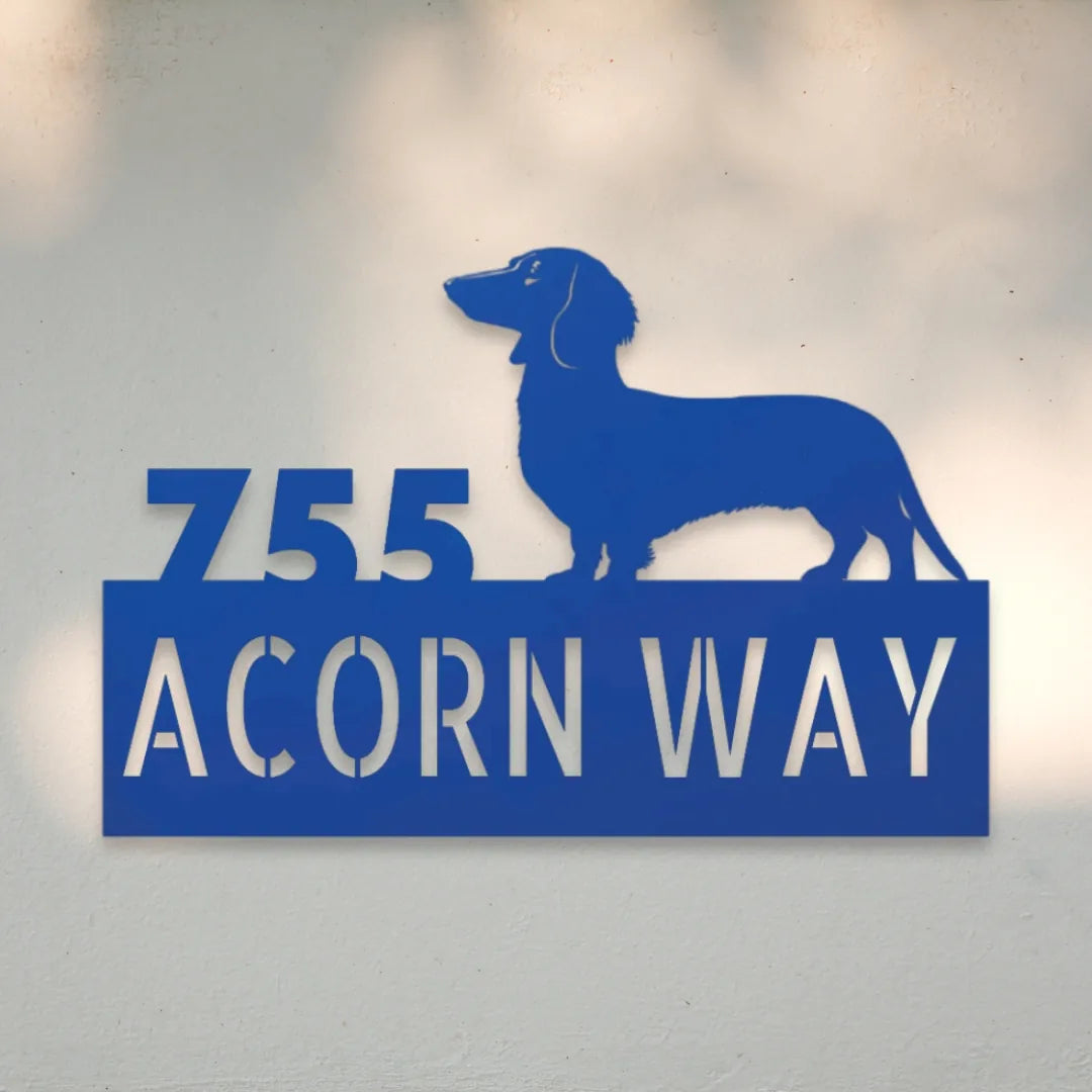 Dachshund Personalized Metal House Number Sign Silhouette in Blue - Custom Dog Wall Art