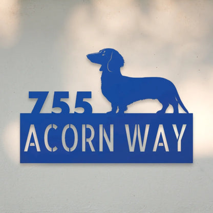 Dachshund Personalized Metal House Number Sign Silhouette in Blue - Custom Dog Wall Art