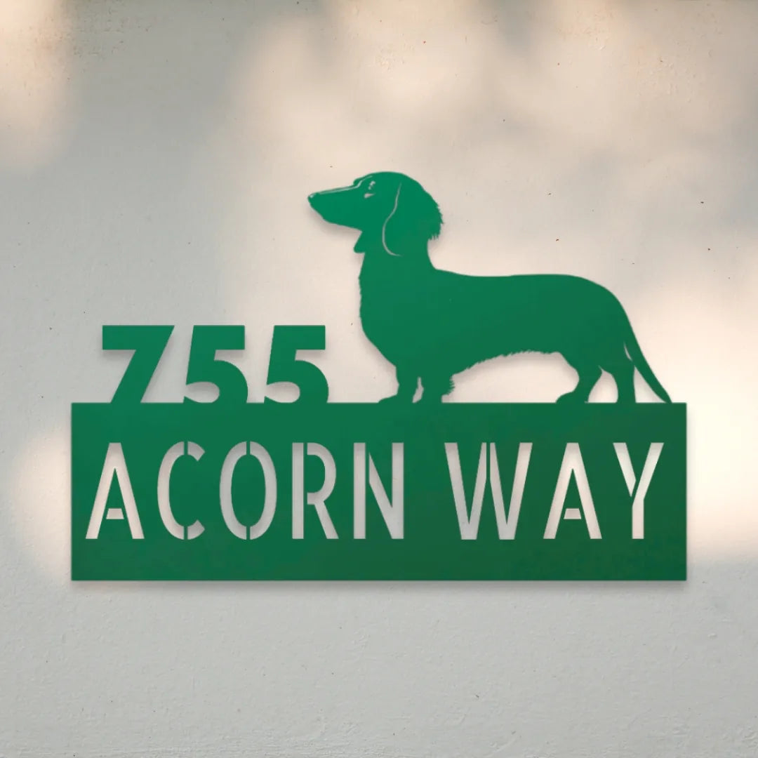 Dachshund Personalized Metal House Number Sign Silhouette in Green - Custom Dog Wall Art