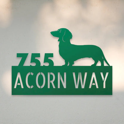 Dachshund Personalized Metal House Number Sign Silhouette in Green - Custom Dog Wall Art