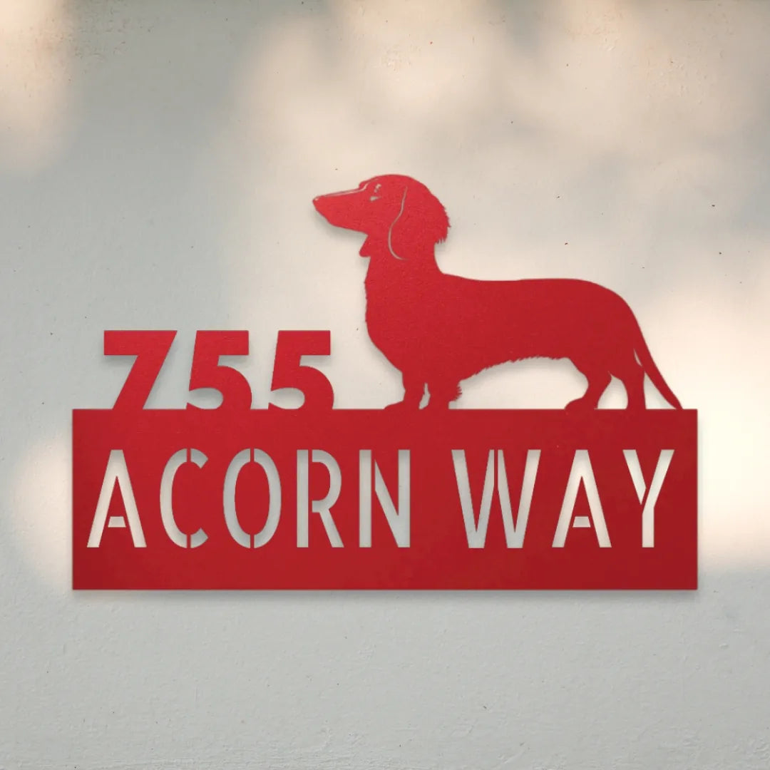 Dachshund Personalized Metal House Number Sign Silhouette in Red - Custom Dog Wall Art