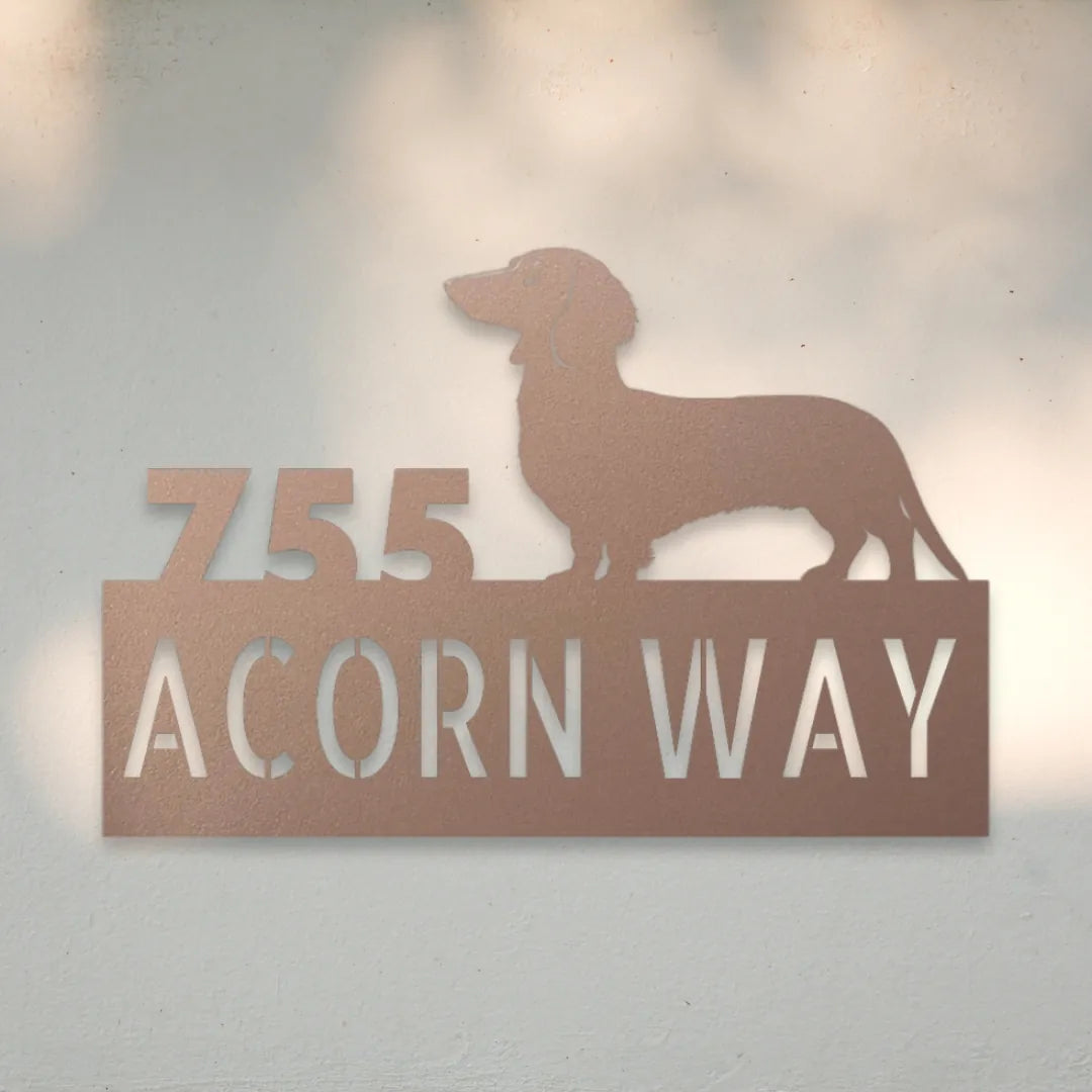 Dachshund Personalized Metal House Number Sign Silhouette in Rose - Custom Dog Wall Art