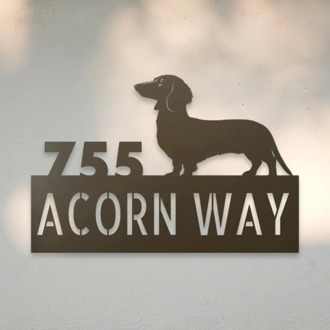 Dachshund Personalized Metal House Number Sign Silhouette in Stone - Custom Dog Wall Art