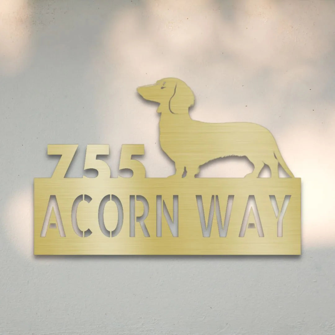 Dachshund Personalized Metal House Number Sign Silhouette in Gold - Custom Dog Wall Art