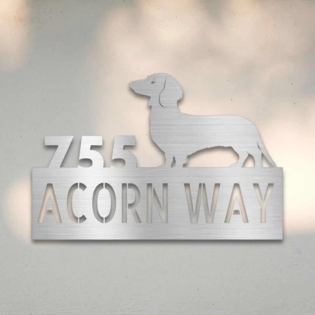 Dachshund Personalized Metal House Number Sign Silhouette in Silver - Custom Dog Wall Art