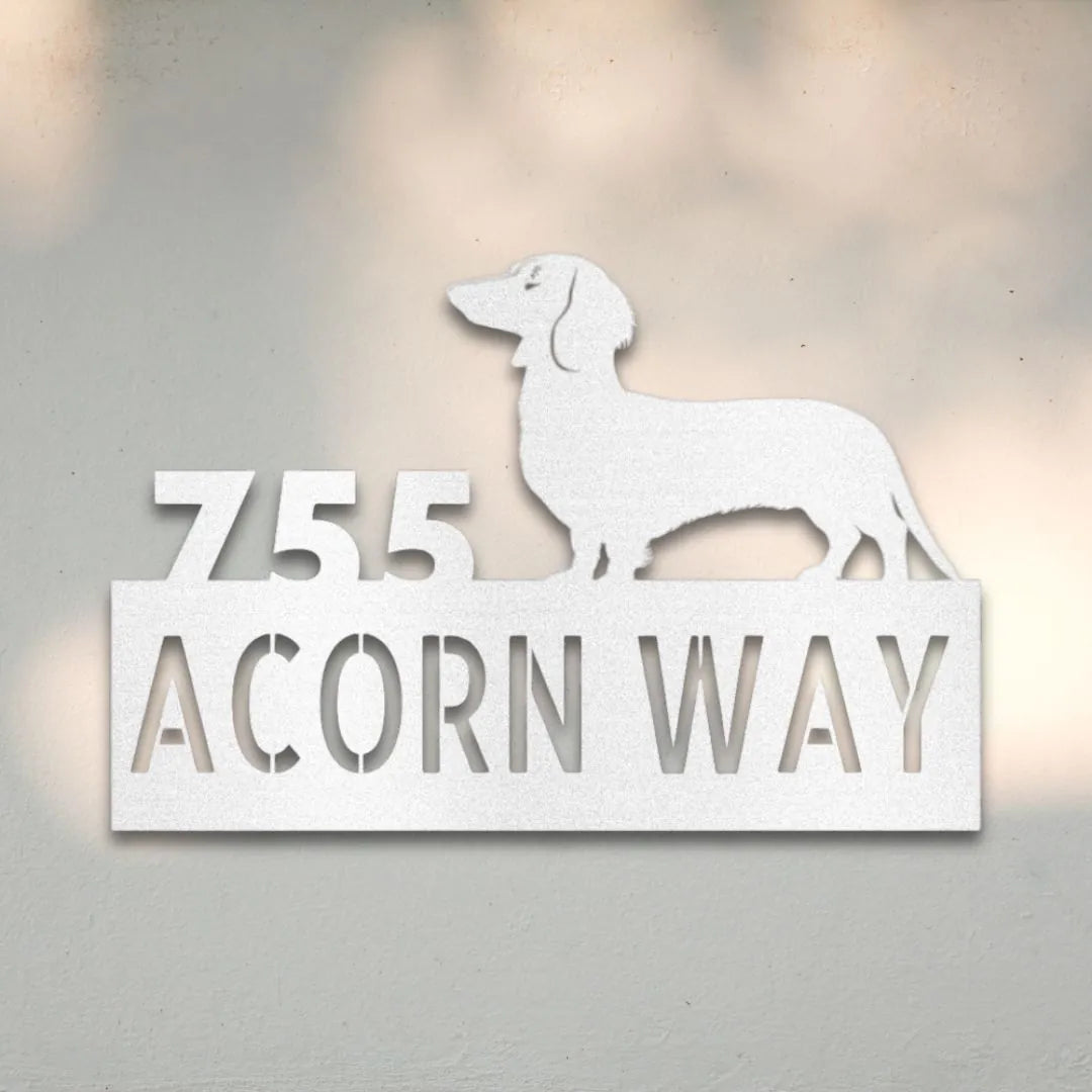 Dachshund Personalized Metal House Number Sign Silhouette in White - Custom Dog Wall Art