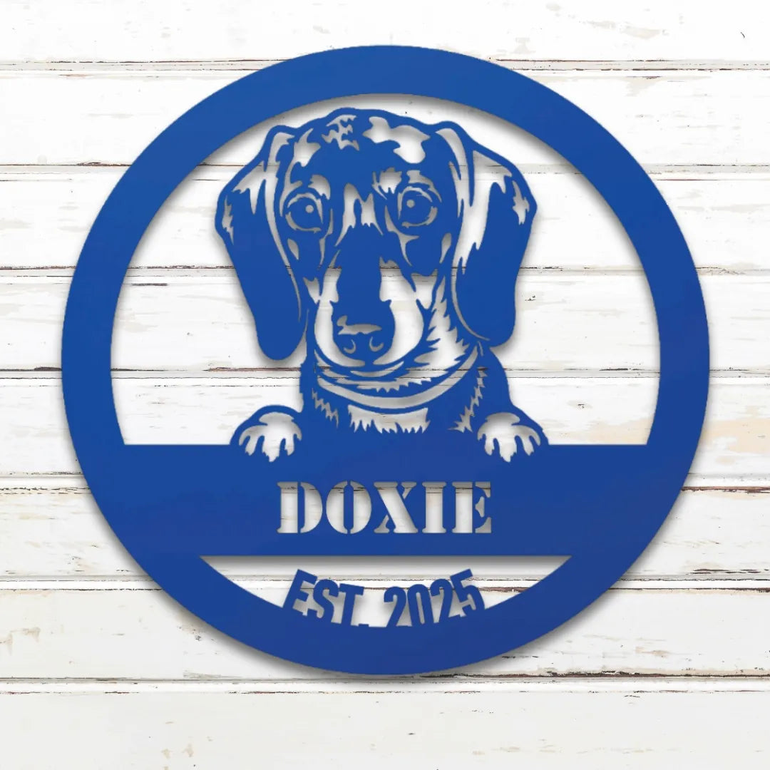 Dachshund Personalized Metal Sign - Custom Dog Wall Art Silhouette in Blue - Custom Dog Wall Art
