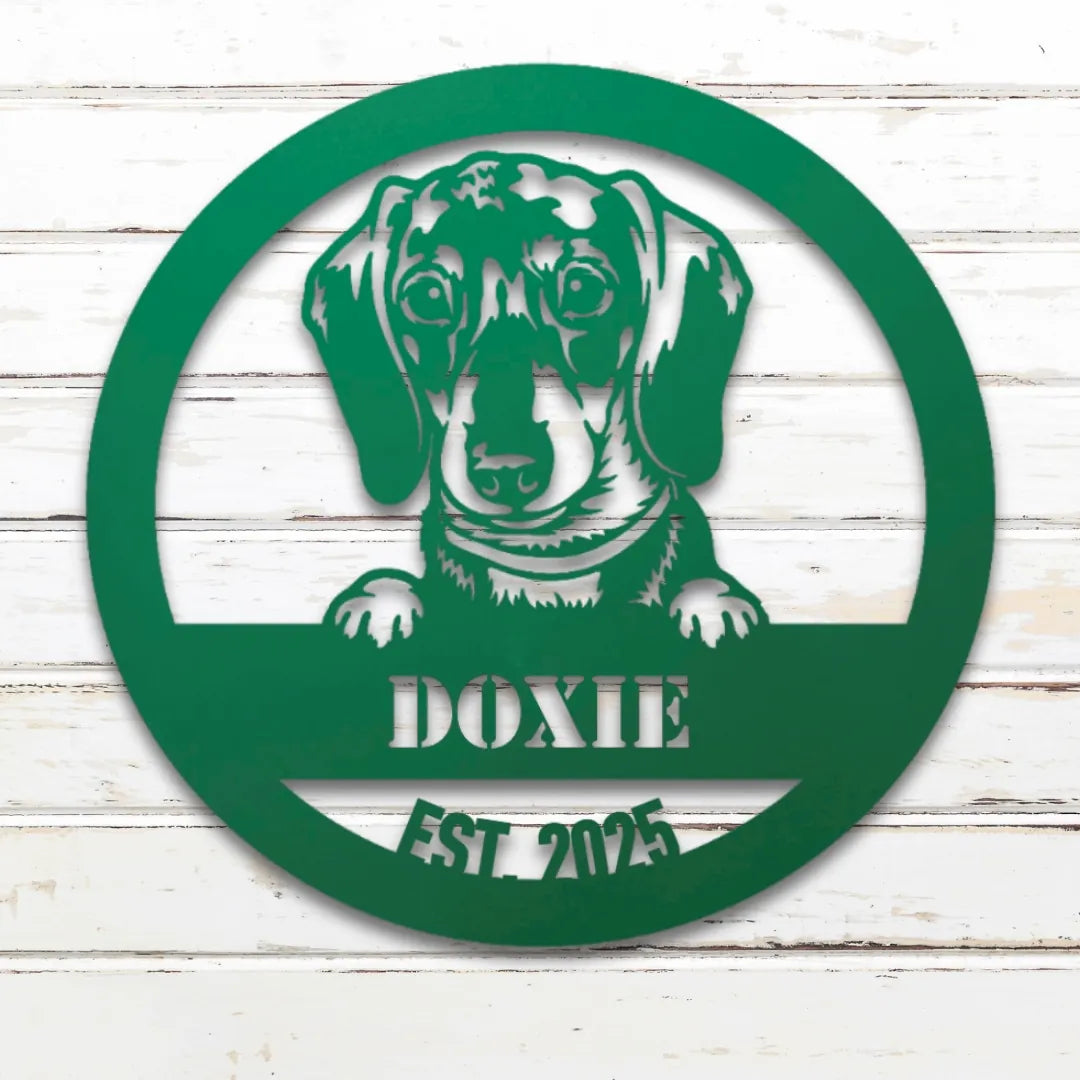 Dachshund Personalized Metal Sign - Custom Dog Wall Art Silhouette in Green - Custom Dog Wall Art