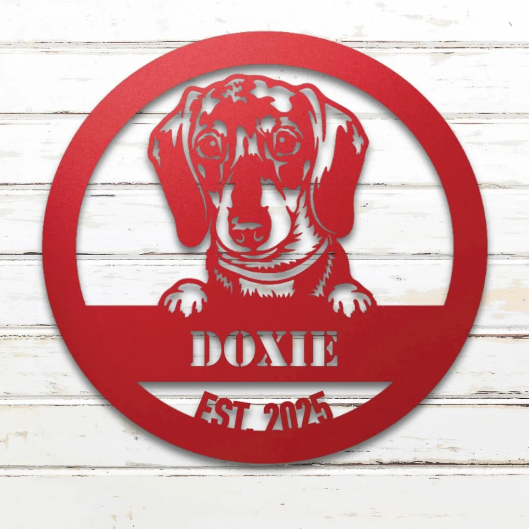 Dachshund Personalized Metal Sign - Custom Dog Wall Art Silhouette in Red - Custom Dog Wall Art