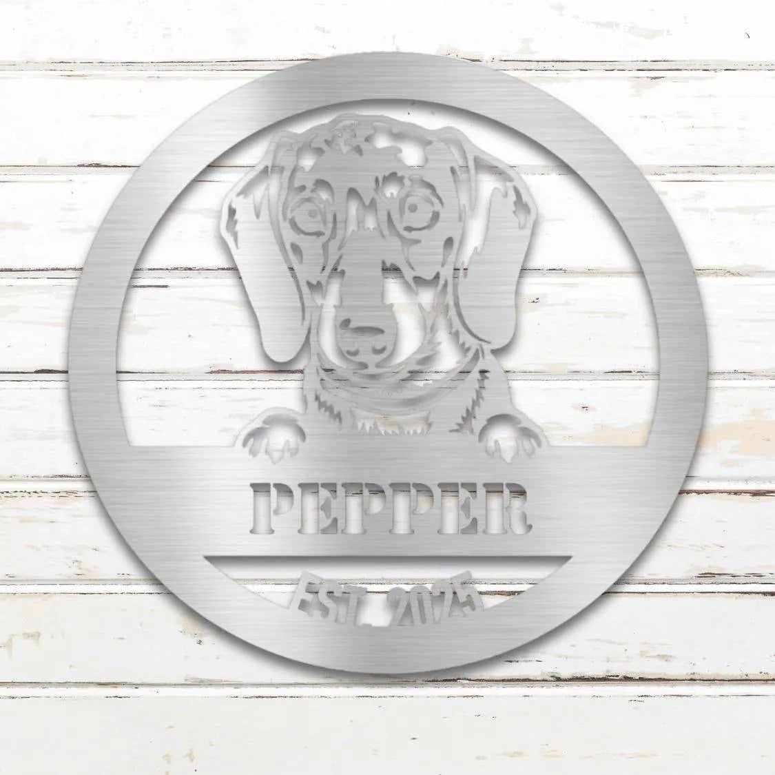 Dachshund Personalized Metal Sign - Custom Dog Wall Art Silhouette in Silver - Custom Dog Wall Art