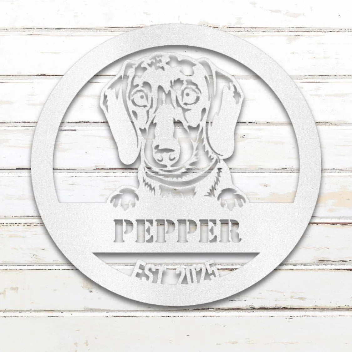 Dachshund Personalized Metal Sign - Custom Dog Wall Art Silhouette in White - Custom Dog Wall Art