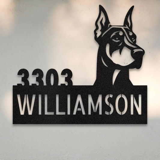 Doberman Personalized Metal House Number Sign Silhouette in Black - Custom Dog Wall Art