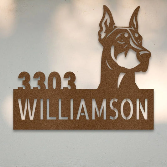 Doberman Personalized Metal House Number Sign Silhouette in Copper - Custom Dog Wall Art
