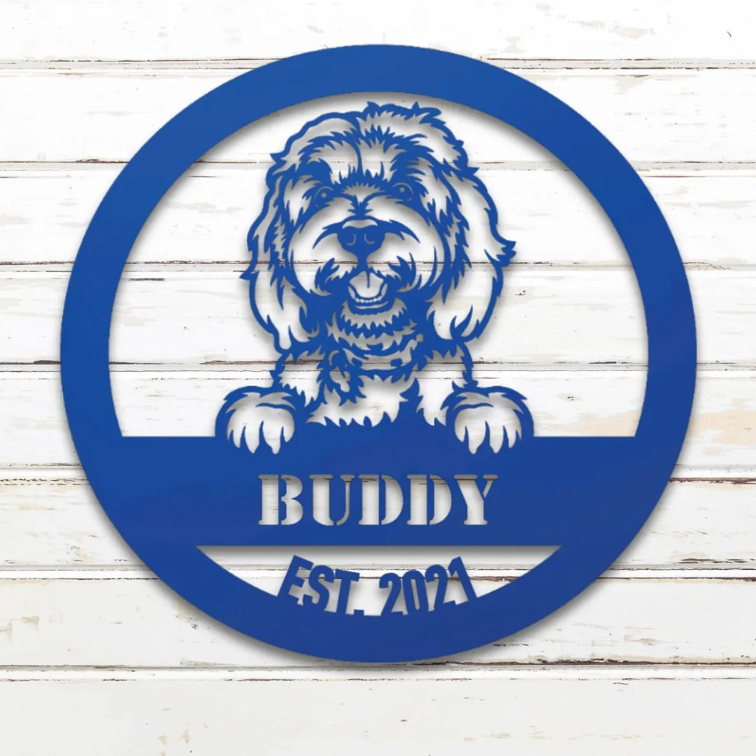 Doodle Personalized Metal Sign - Custom Dog Wall Art Silhouette in Blue - Custom Dog Wall Art