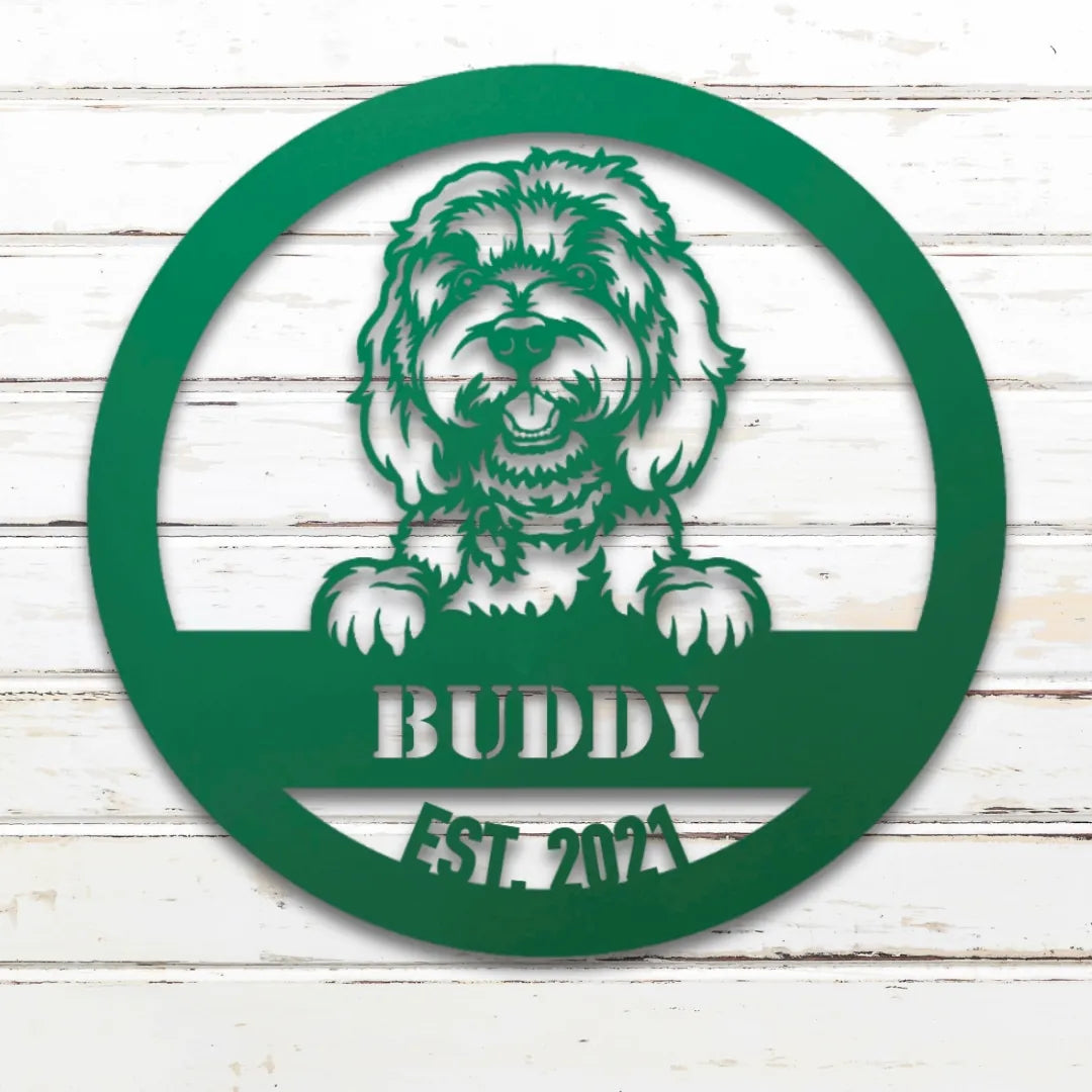Doodle Personalized Metal Sign - Custom Dog Wall Art Silhouette in Green - Custom Dog Wall Art