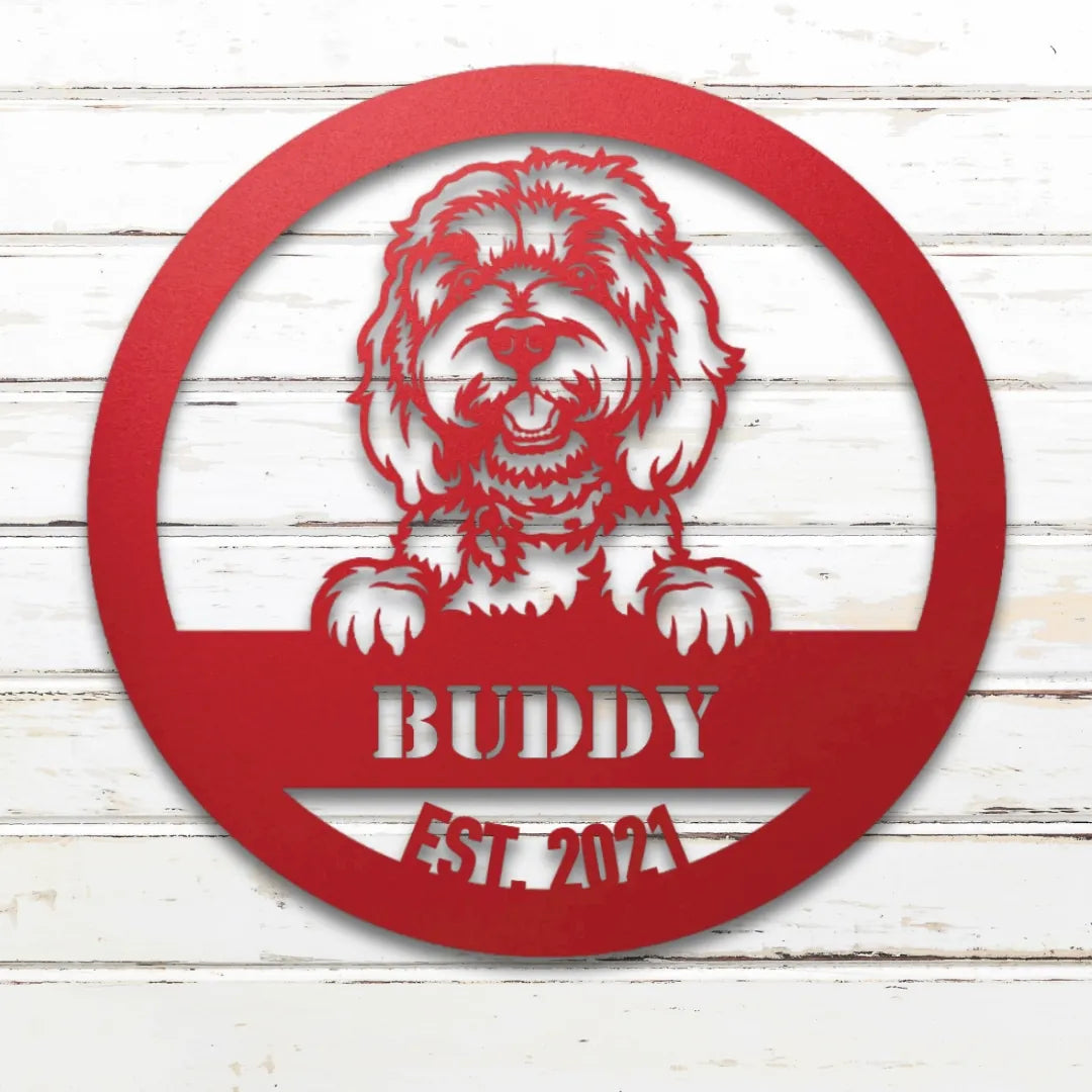 Doodle Personalized Metal Sign - Custom Dog Wall Art Silhouette in Red - Custom Dog Wall Art