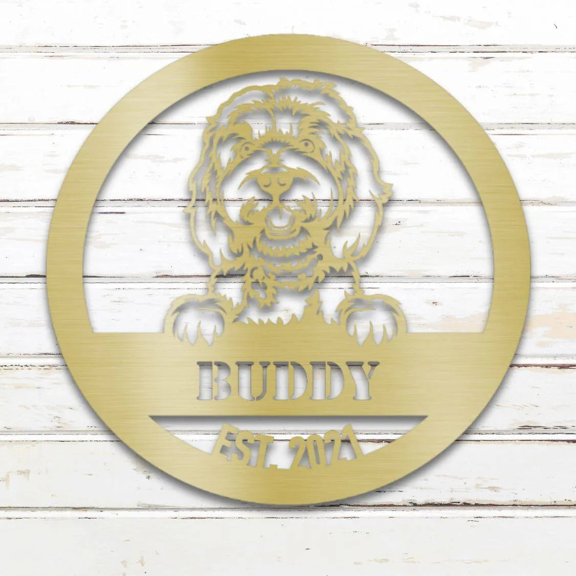 Doodle Personalized Metal Sign - Custom Dog Wall Art Silhouette in Gold - Custom Dog Wall Art