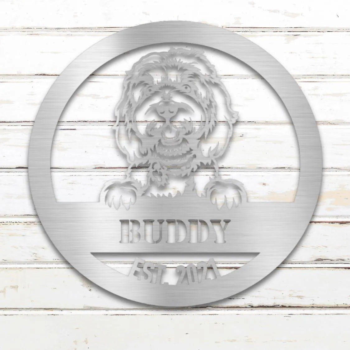 Doodle Personalized Metal Sign - Custom Dog Wall Art Silhouette in Silver - Custom Dog Wall Art