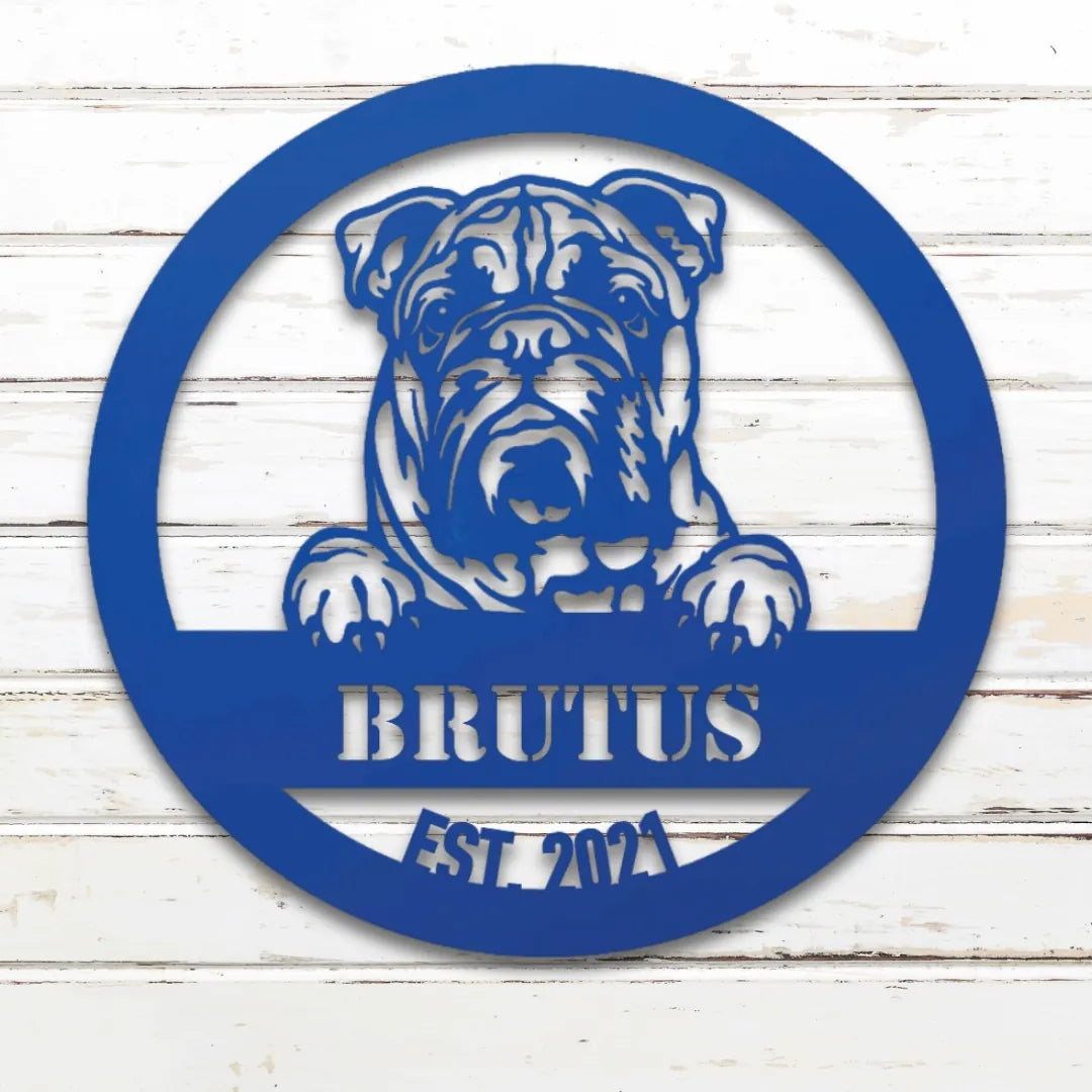 English Bulldog Personalized Metal Sign - Custom Dog Wall Art Silhouette in Blue - Custom Dog Wall Art