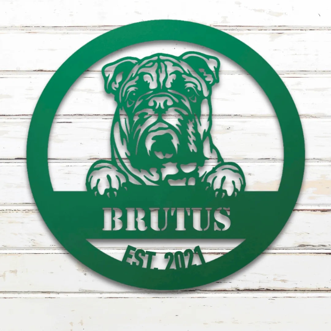 English Bulldog Personalized Metal Sign - Custom Dog Wall Art Silhouette in Green - Custom Dog Wall Art