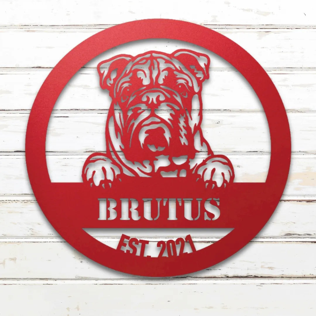 English Bulldog Personalized Metal Sign - Custom Dog Wall Art Silhouette in Red - Custom Dog Wall Art