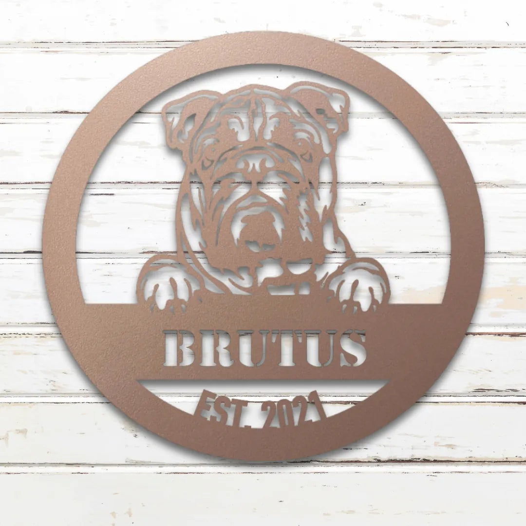 English Bulldog Personalized Metal Sign - Custom Dog Wall Art Silhouette in Rose - Custom Dog Wall Art