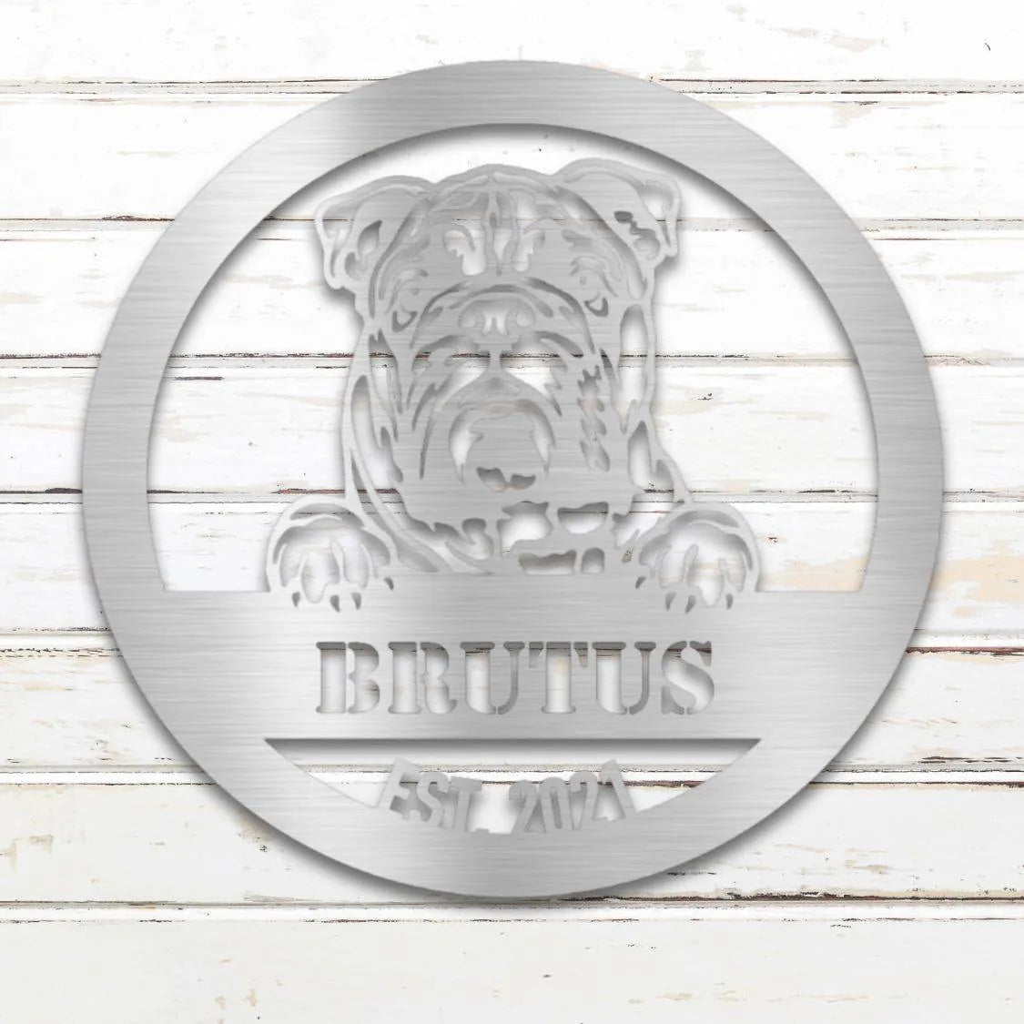 English Bulldog Personalized Metal Sign - Custom Dog Wall Art Silhouette in Silver - Custom Dog Wall Art