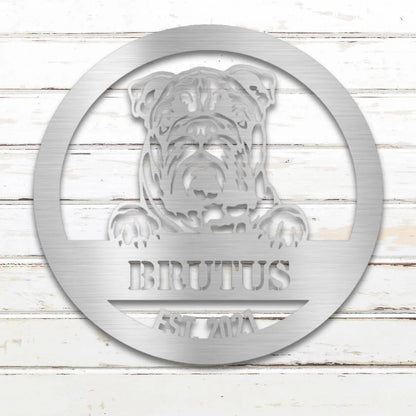English Bulldog Personalized Metal Sign - Custom Dog Wall Art Silhouette in Silver - Custom Dog Wall Art