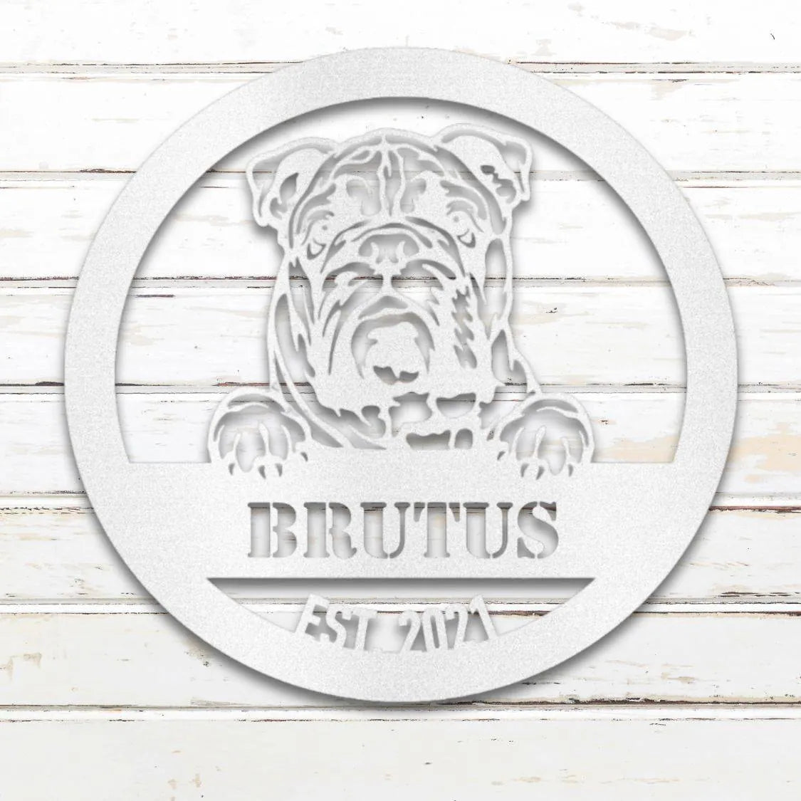 English Bulldog Personalized Metal Sign - Custom Dog Wall Art Silhouette in White - Custom Dog Wall Art